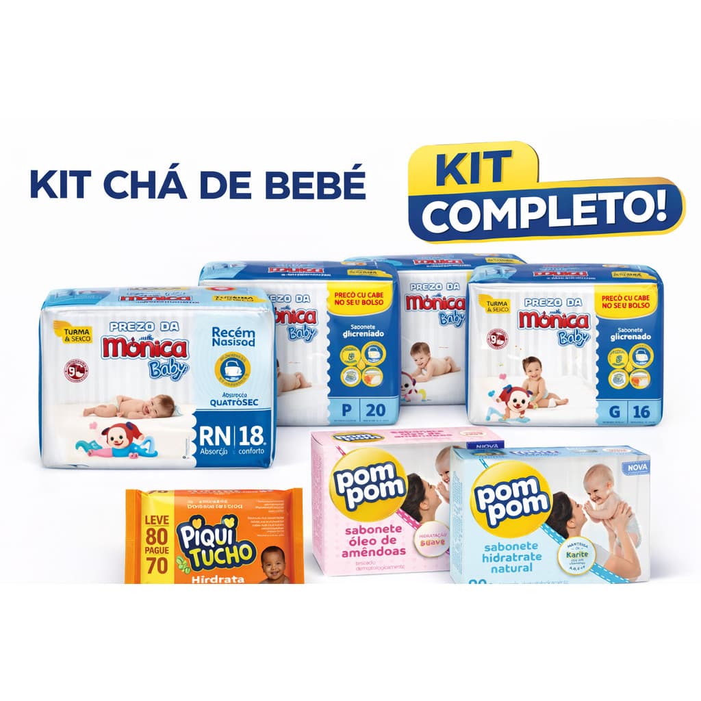 Kit Chá de Bebê Completo – 5 Fraldas + 1 Lenço Umedecido + 3 Sabonetes Pom Pom