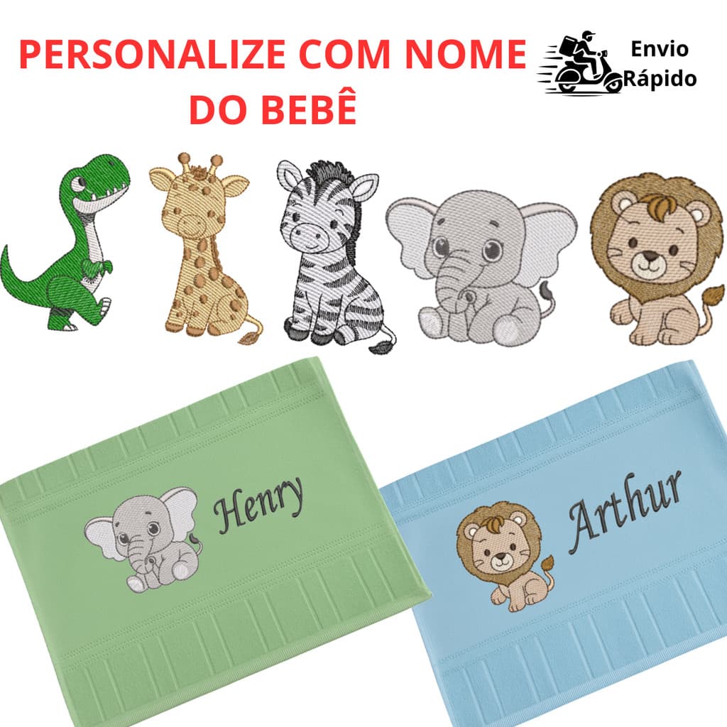 Toalha de Boca Bebê Bordada Nome Personalizado Safari Leão Girafa Elefante Creche Algodão