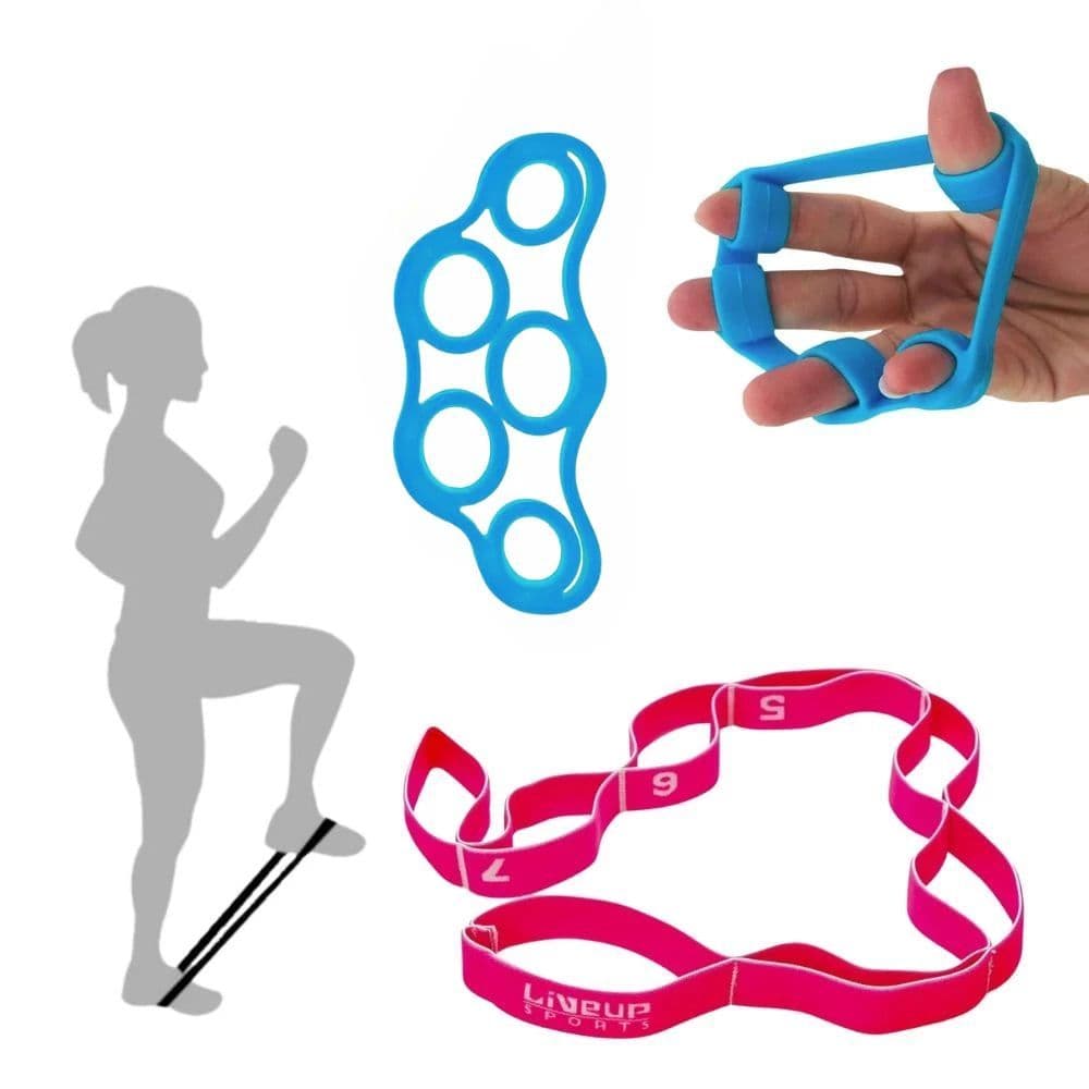 Kit Fitness Faixa Elástica Multinível Tensão Leve Treino + Exercitador para Dedos 5kg Tensão Forte