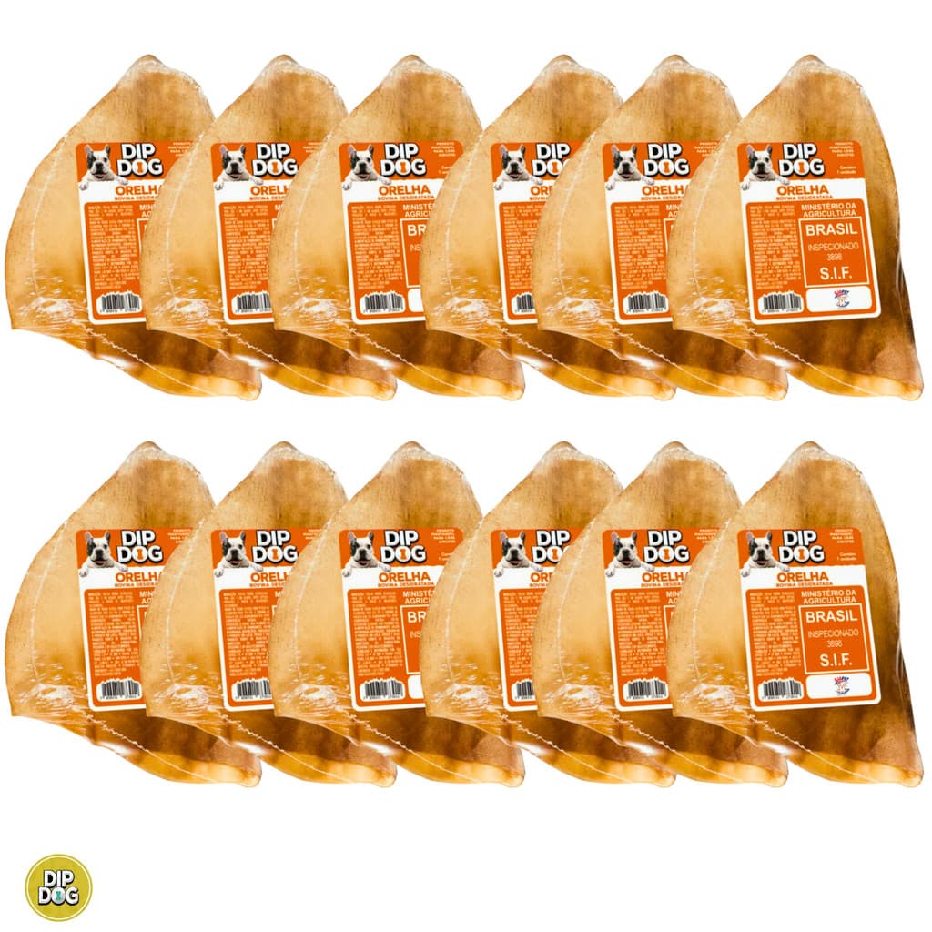Kit 12 Petisco Natural Orelha Bovina Desidratada  Para Cachorro  Dip Dog