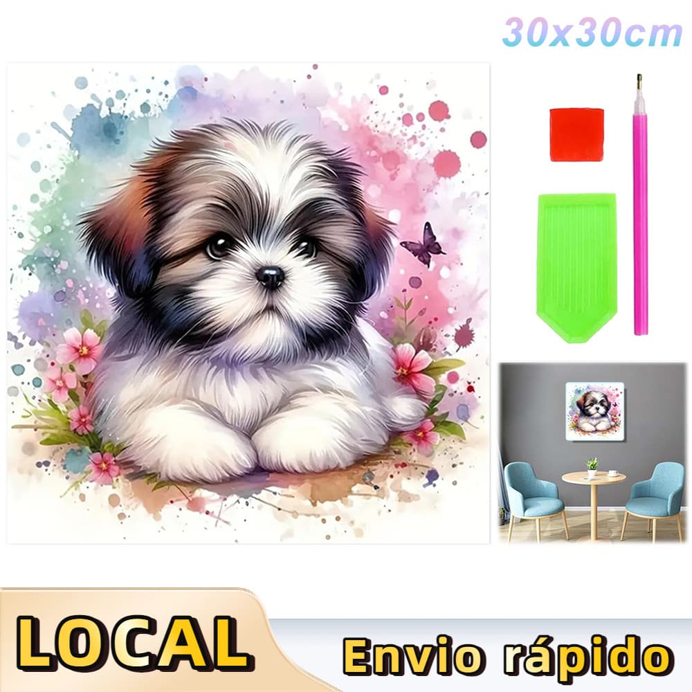 Kit Completo de Pintura de Diamante 5D Quadrada 30x30cm, Arte Terapêutica Anti-Stress,Cão fofo