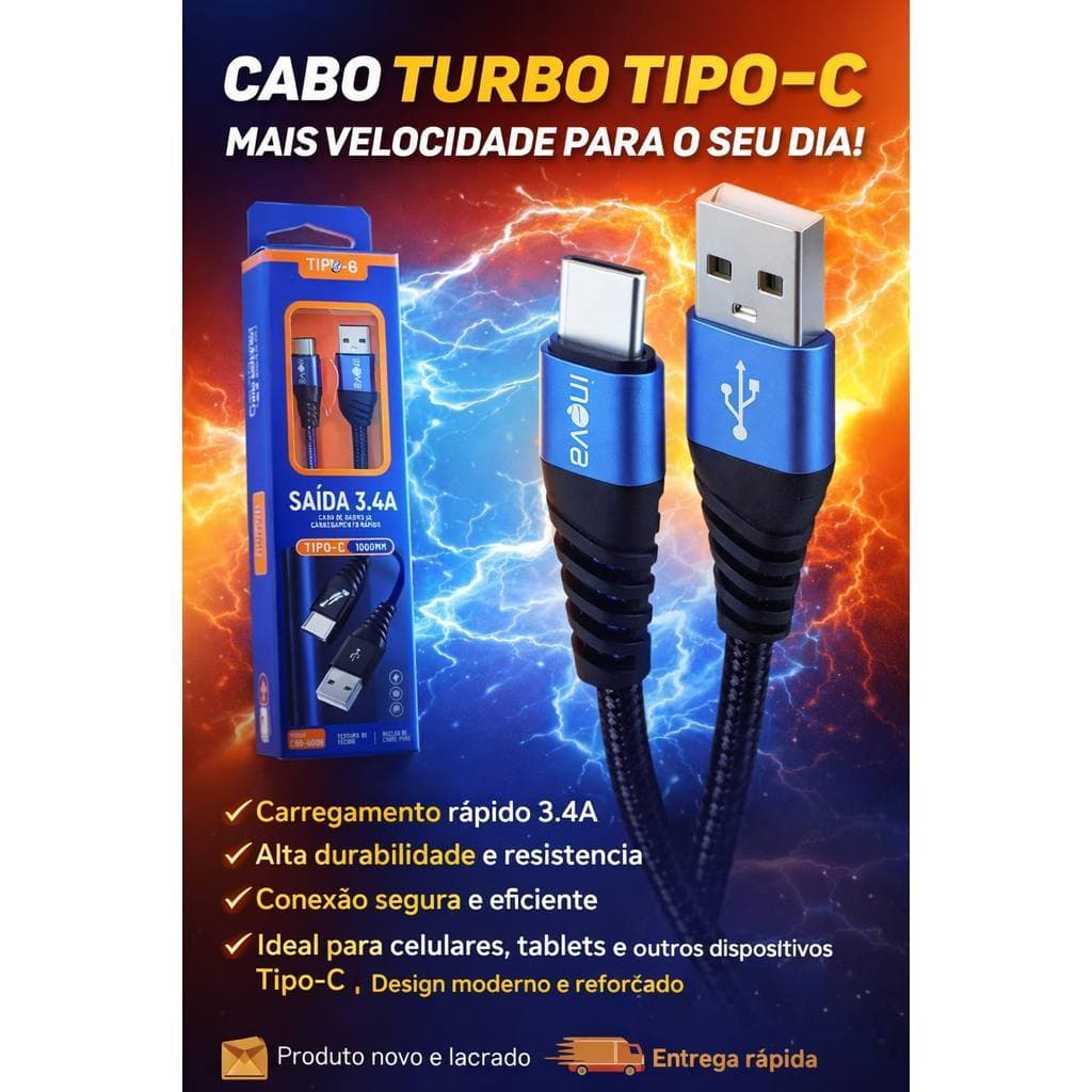 Cabo carregador celular Inova 3.4a Tipo-c Carga Rápida anti-quebra 1 Metro melhor preço envio imediato