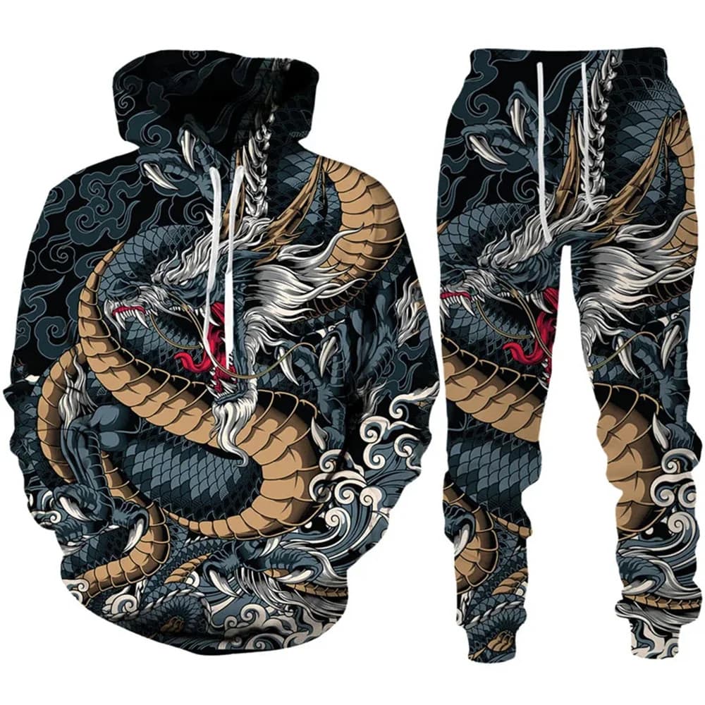 Novo Vintage Animal Dragão Leão Conjuntos De Moletom Com Capuz Masculino Agasalho Y2k 3D Impresso Calças Casuais Conjunt