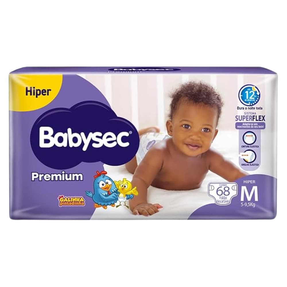 Pacote Econômico Fralda BabySec Premium Galinha Pintadinha Hiper M 68un - Barreiras antivazamento