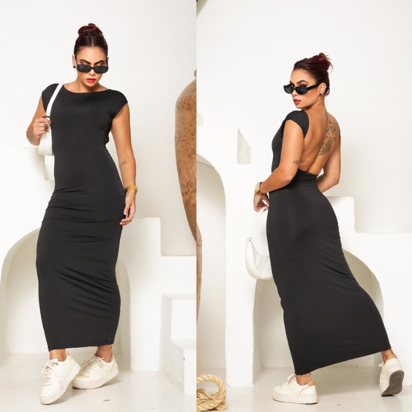 Vestido Feminino Longo Suplex Gringo com Costas Abertas Elegante