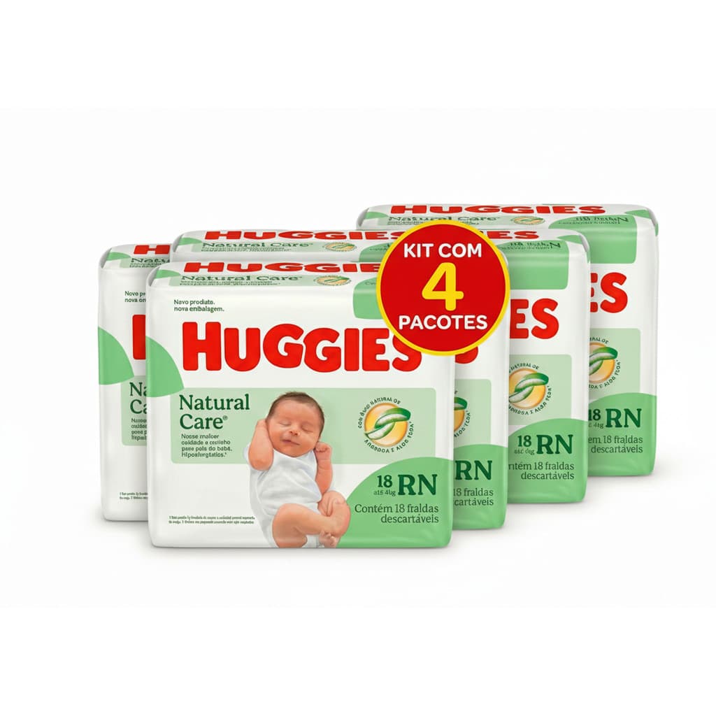 Kit De 4 Fraldas Huggies Natural Care Rn Recém Nascido 18un.