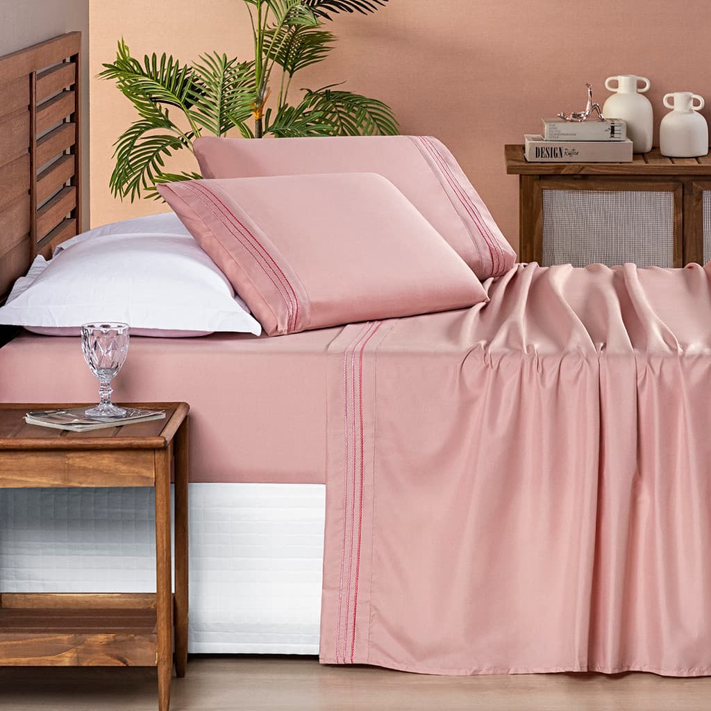 Jogo de Lençol Cama Casal Queen 4 Peças Alegra 200 Fios  Lençol de Cima Detalhe Bordado