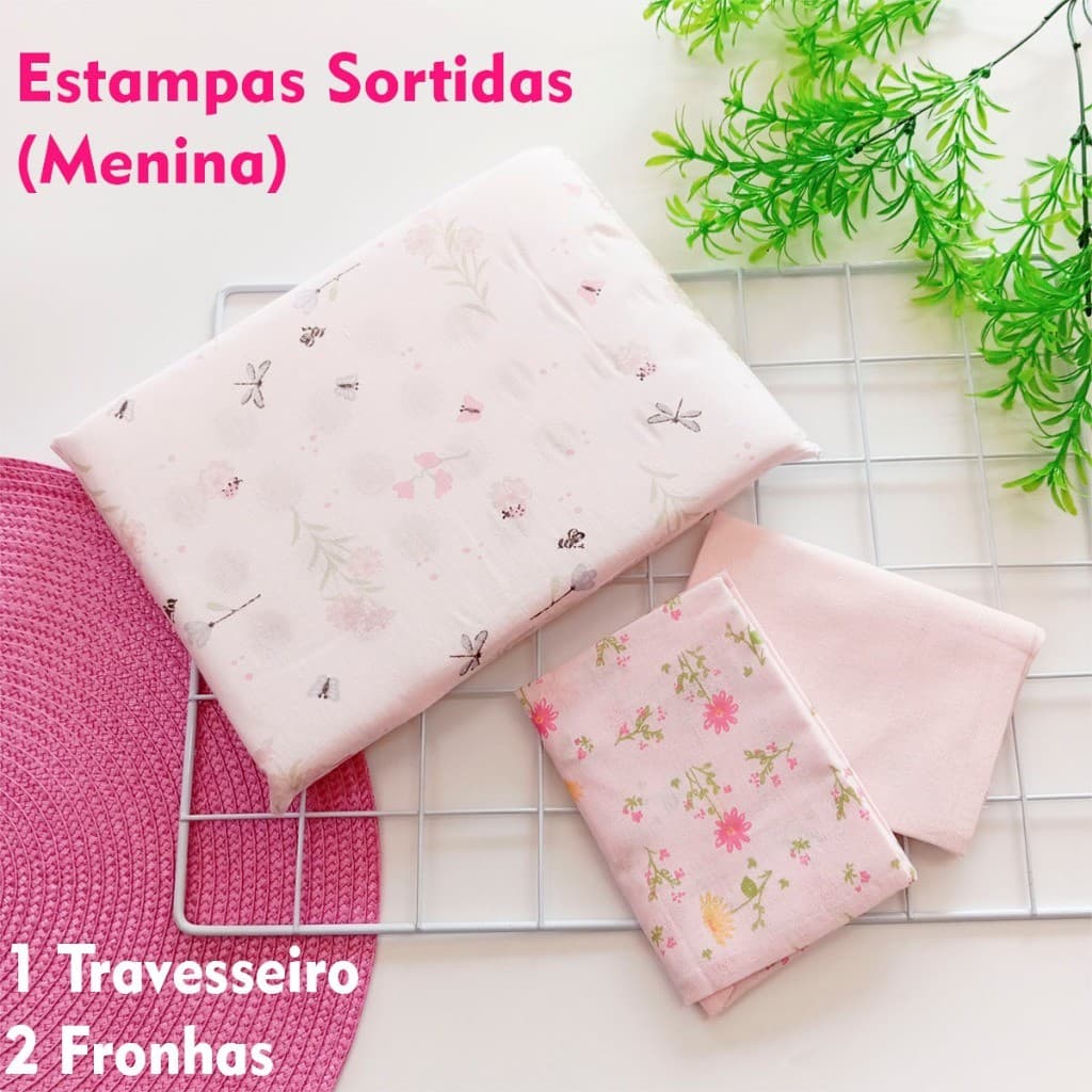 Kit 3 peças 1 Travesseiro Bebê c/ 2 Fronhas Estampas Sortidas Enxoval de Bebê Recém Nascido