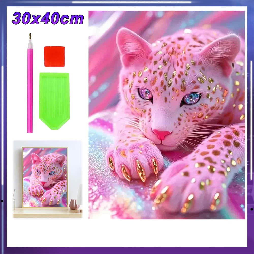 Kit Completo de Arte com Diamantes 5D 30x40cm, Pintura Quadrada Decorativa para Presentear,Cheetah rosa