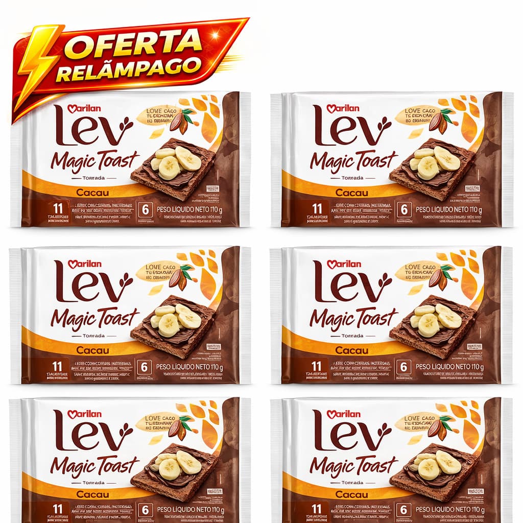 Torrada Lev Magic Toast Cacau Marilan 110g Kit 6 Torradas Integrais Crocantes Snack Saudável