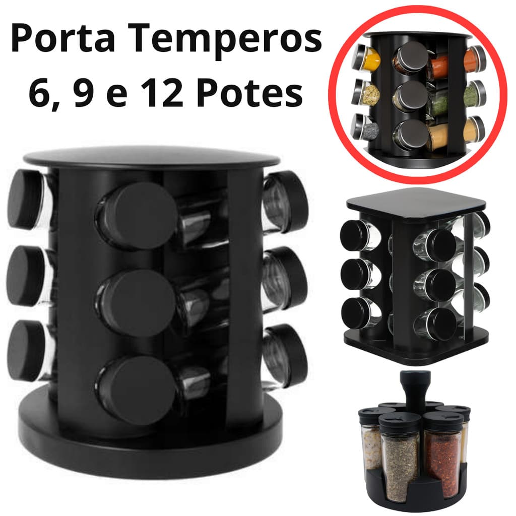 Porta Temperos Condimentos Giratório 6, 9, 12 Potes Vidro 90G com Tampa Dosadora Preto Cozinha