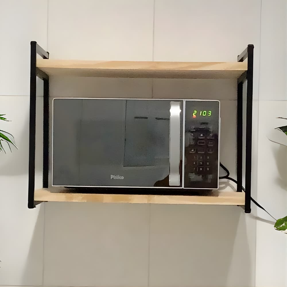 Prateleira de Parede 50cm Suporte Microondas Forno Air Frier Nicho Industrial Impressora Aço Madeira