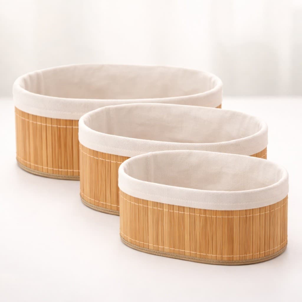Jogo 3 Cestos de Bambu Natural Com Forro Organizadores Para Banheiro Lavabo Quarto