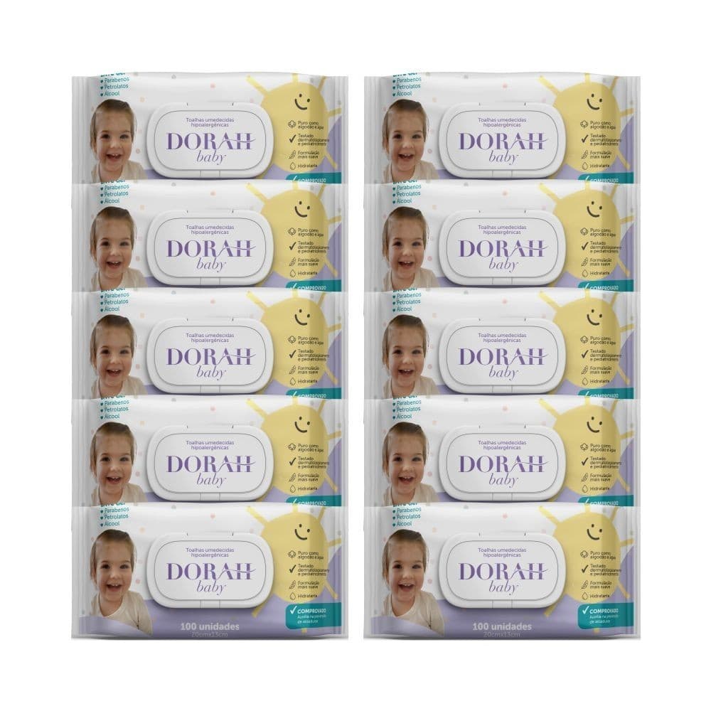 Kit com 10 Pacotes de Lenços Umedecidos SEM Álcool Dorah Baby com Tampa Flip Top (10un x 100 Fls) -Toque suave
