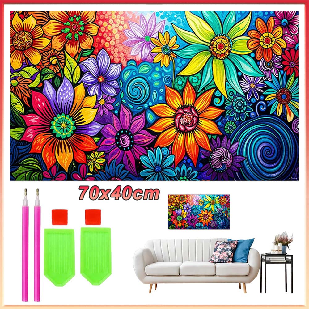 Pintura de Diamante 5D Quadrada 70x40cm Kit Completo, Arte Manual Anti-Stress para Adultos,flores coloridas