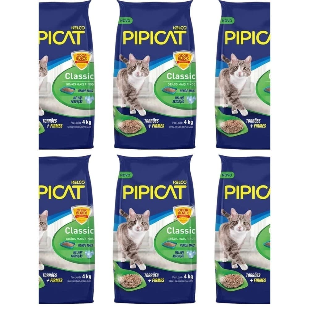 Kit 6 Areias Sanitárias Para Gatos Kelco Pipicat Classic 4kg + BRINDE PETISCO.