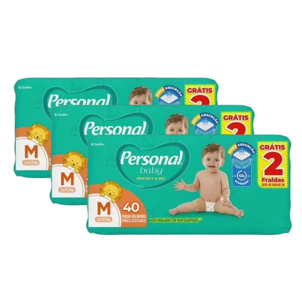 Kit c/ 3 pct. Fralda Personal Baby Protect & Sec M - 3x40un