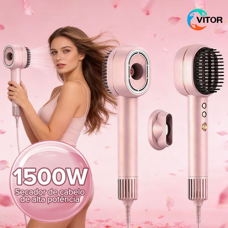 Porodo 2 em 1 Secador e Escova Alisadora 1400W Aquecimento Rápido Três Níveis Bico Magnético Estilo Profissional VITOR