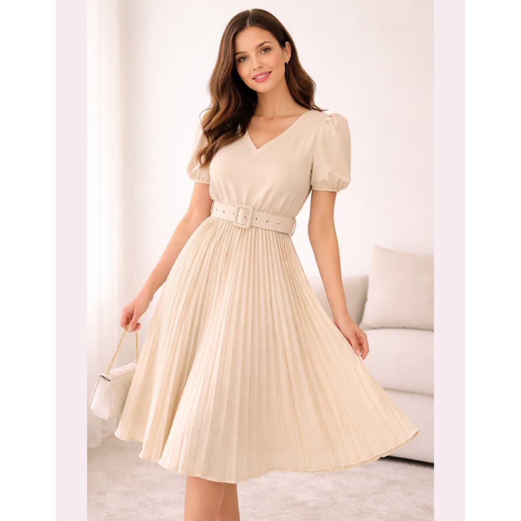 Vestido Plissado Lisa Midi Rodado Moda Evangelica Manga Bufante e Cinto