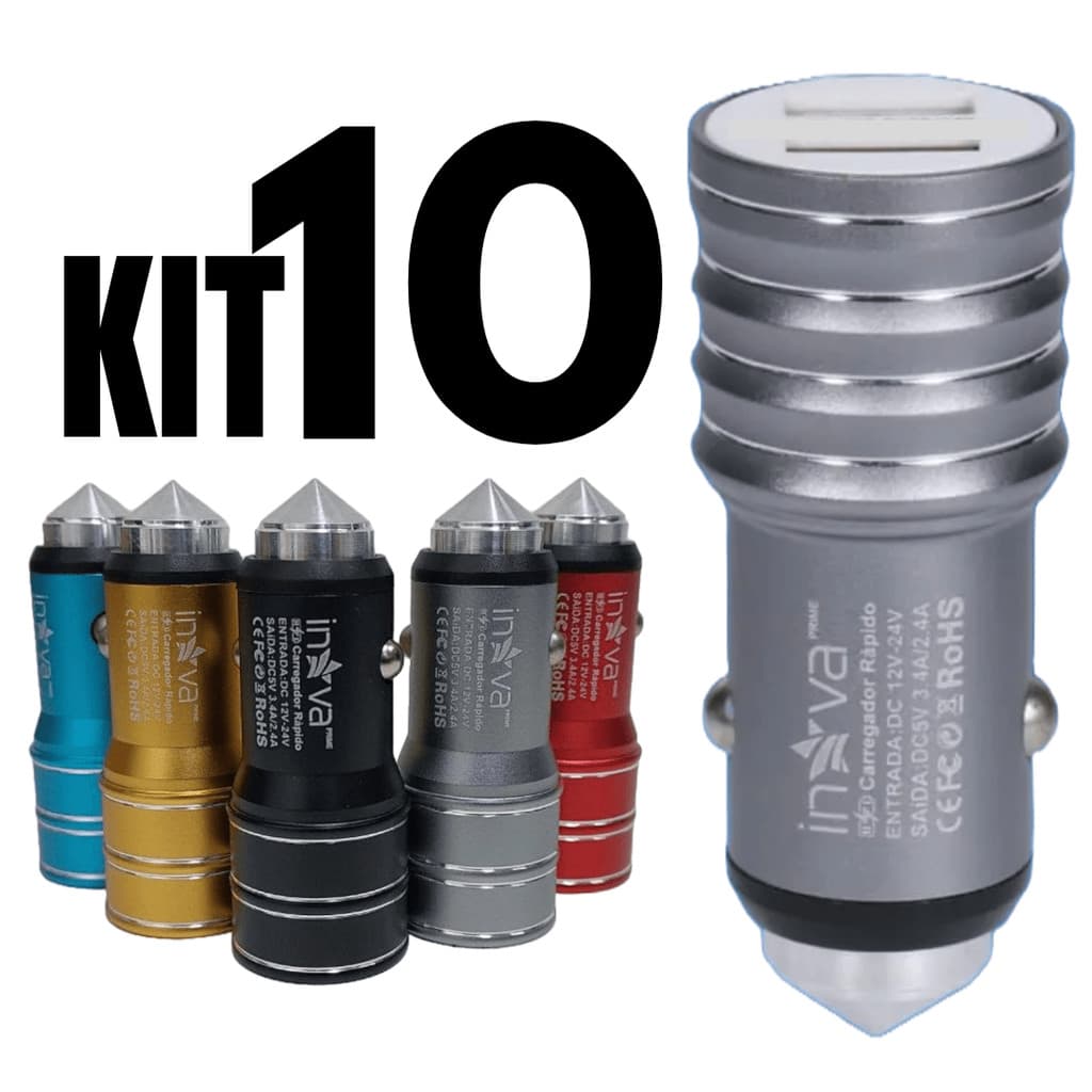 Kit 10 carregadores turbo adaptador veicular de isqueiro de carro c/ 2 saídas usb inova