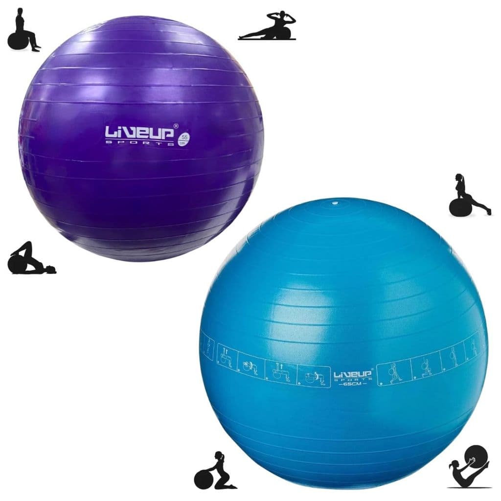 Kit 2 Bolas Suíças Fitness 55cm Roxa + 65cm Azul Ilustrada para Pilates e Treino