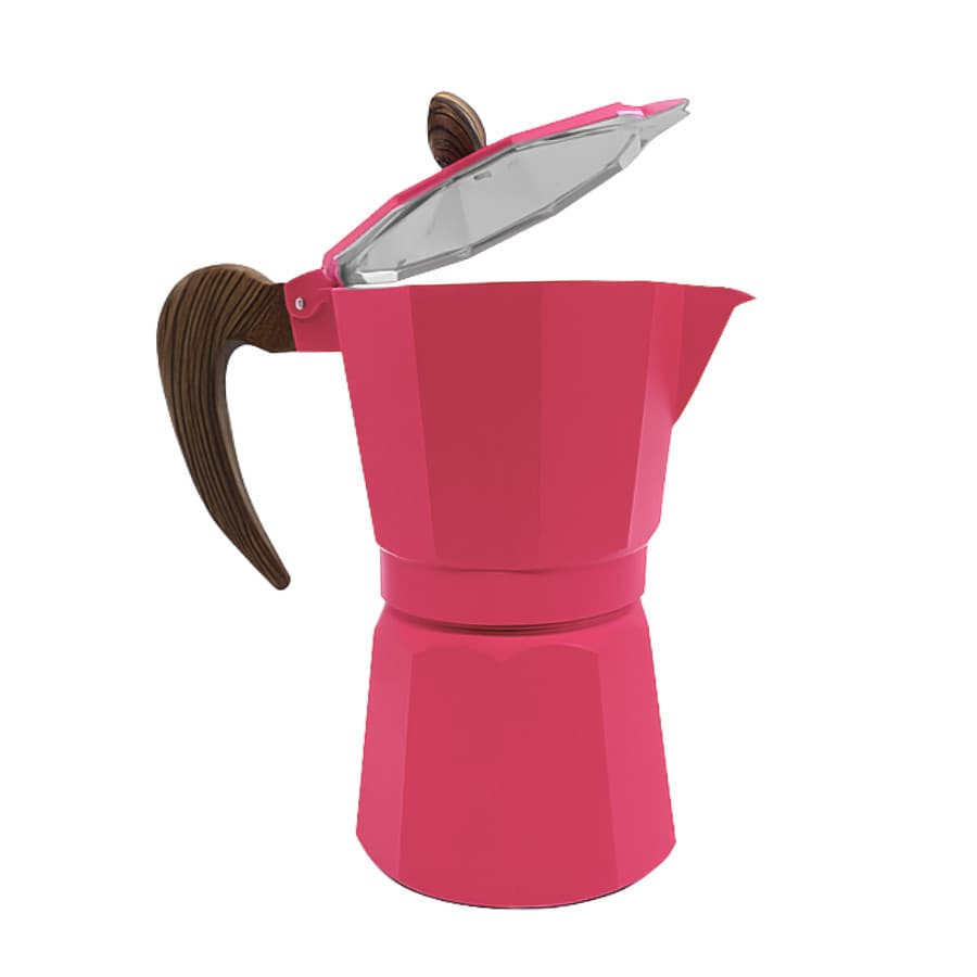 Cafeteira Italiana Alumínio Rosa 6 Xicaras de Expresso 300ml Cabo Madeira