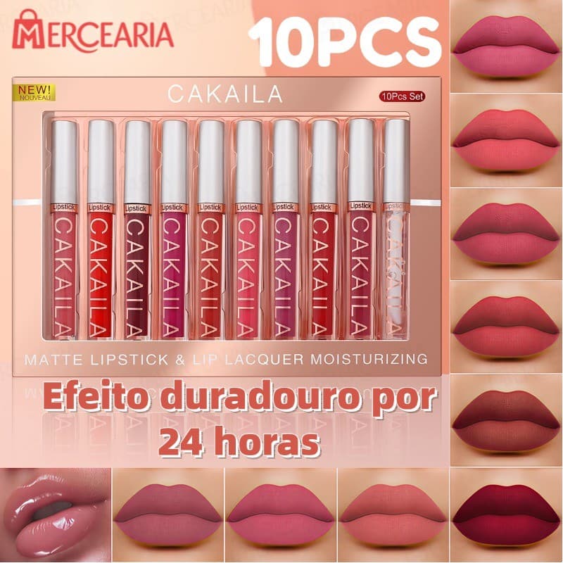 Conjunto de 10 batons líquidos matte, longa duração de 24 horas, à prova d'água, não transfere e é à prova de copos-MC