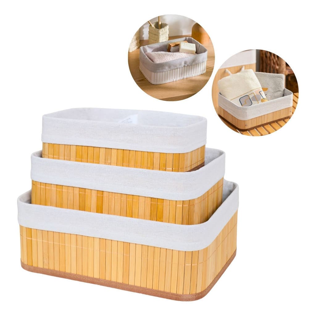 Kit 3 Cestos Organizador De Bambu Multiuso Com Forro De Cozinha Banheiro Quarto Maquiagem