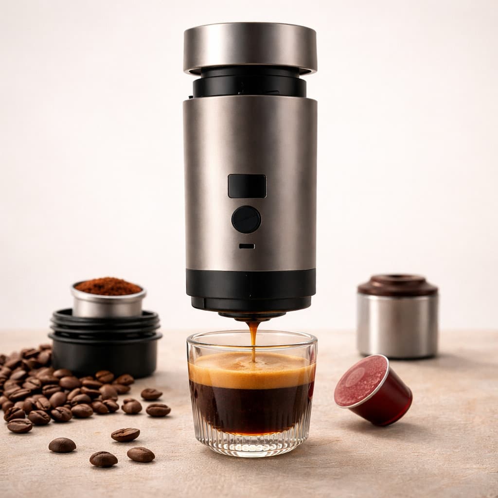 Máquina de Café Expresso Portátil Elétrica Recarregável –  Compacta para Cápsula ou Café Moído Ideal para Viagem