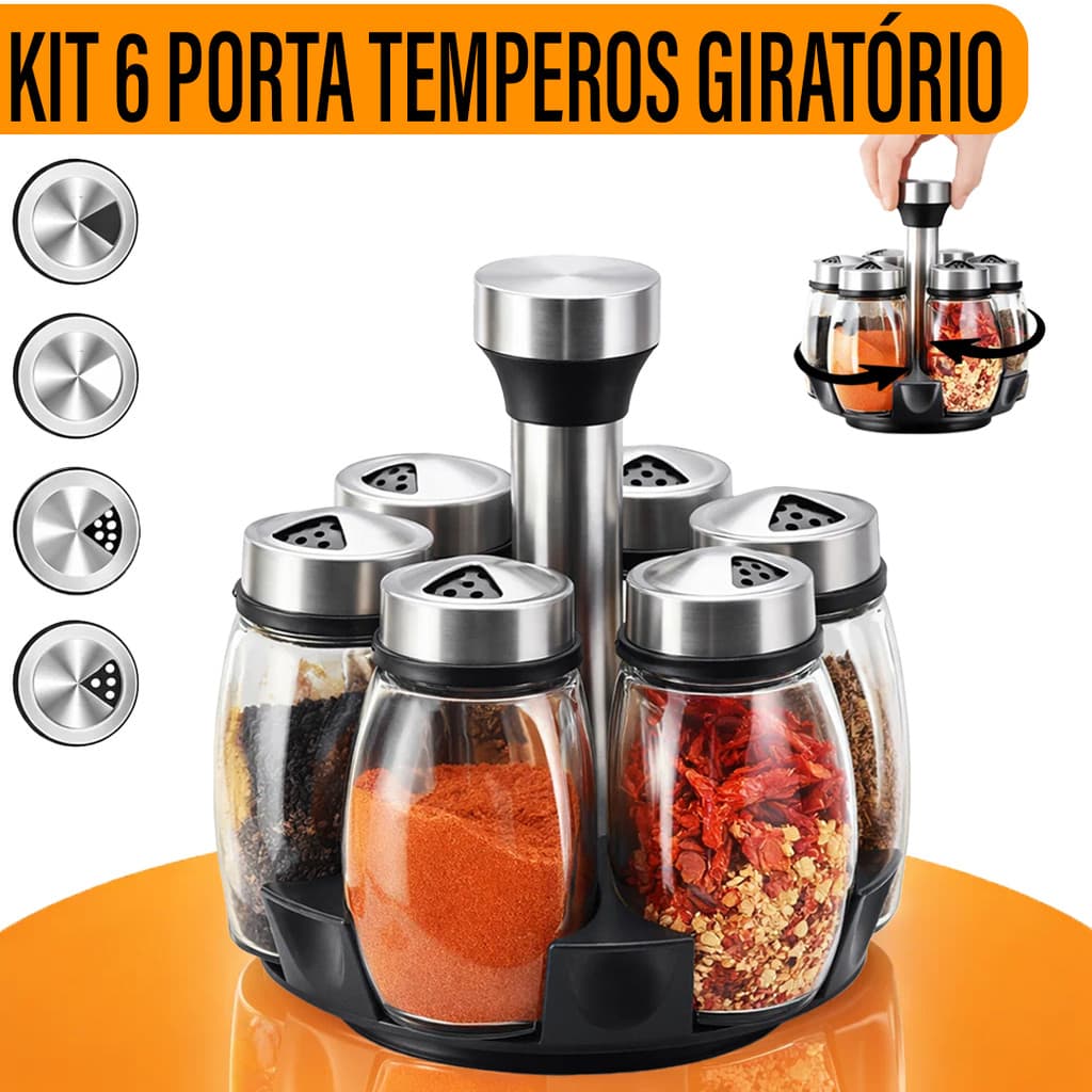 Porta Tempero Condimento Giratório 6 Peças Em Aço Inox Vidro Cozinha