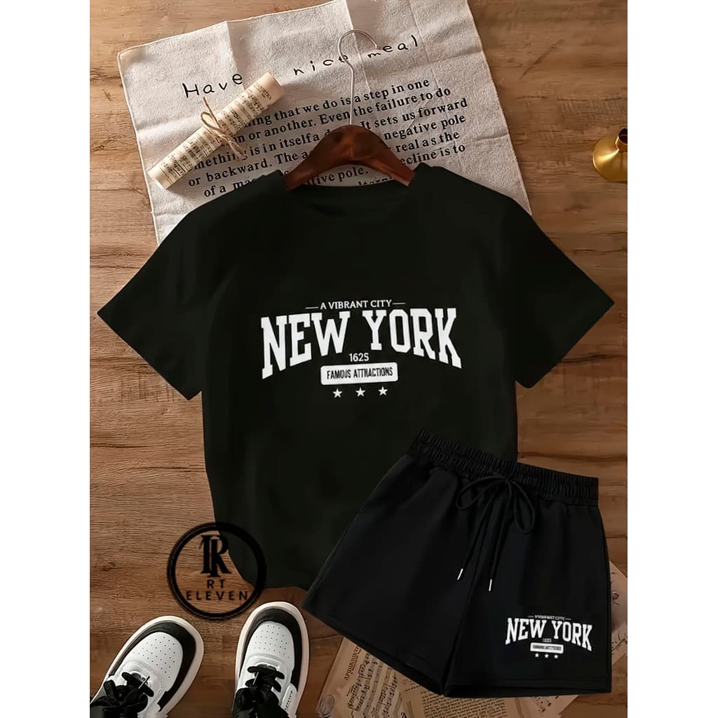 Conjunto Feminino NEW YORK camiseta manga curta Malha Algodão e Short Moletom  Kit duas peças estampada