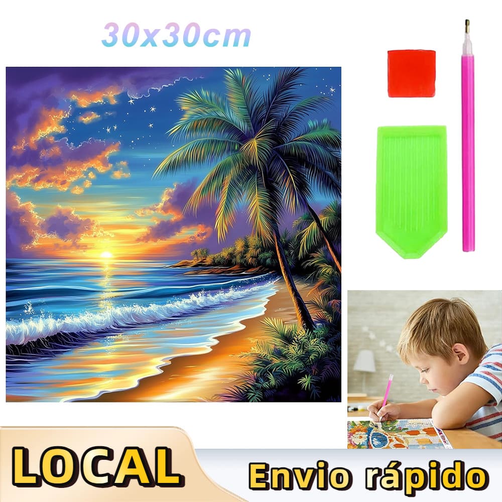 Kit Completo de Pintura de Diamante 5D Quadrada 30x30cm, Arte Terapêutica Anti-Stress,Coqueiro
