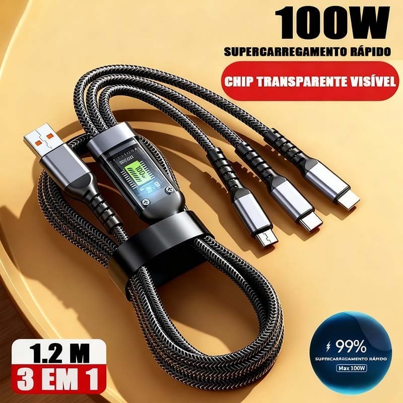 Cabo De Carregamento 3 em 1 Liga De Zinco 100W 6A Carregador Super Rápido USB Proteção Display Promo