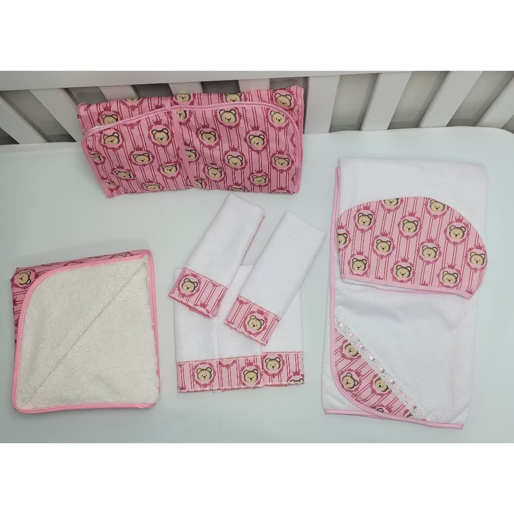 Manta Cobertor Sherpa Bebê + Toalha Banho Capuz Bebê + Trocador + 03 Toalha Boca Ombro Tipo Babete Para Bebê