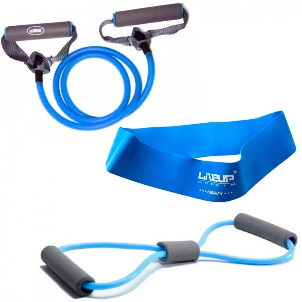 Kit Treino Mini Band Forte + Elástico em Oito Forte + Extensor Forte Azul Exercícios