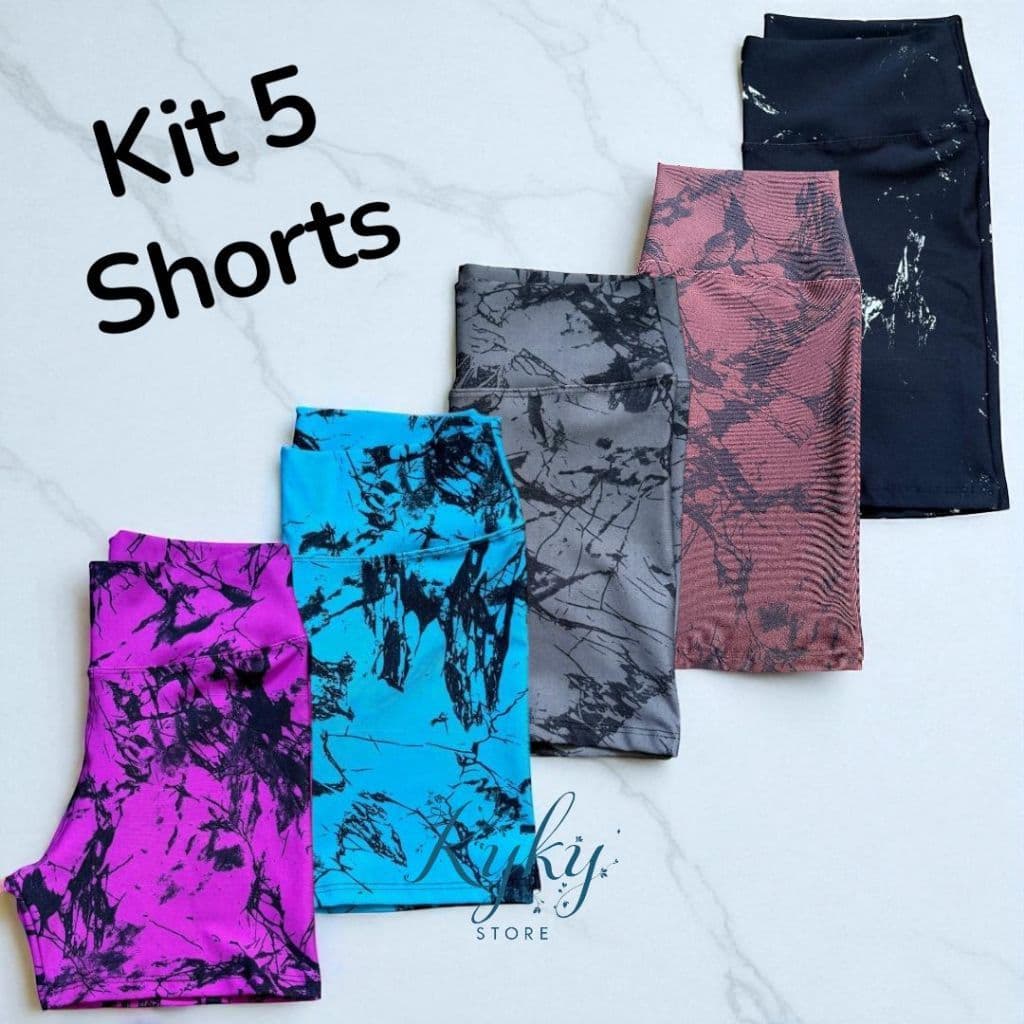 Kit 5 Shorts Feminino Fitness Tie Dye Marmorizado Roupa Academia Cintura Alta Feminino Zero Transparencia