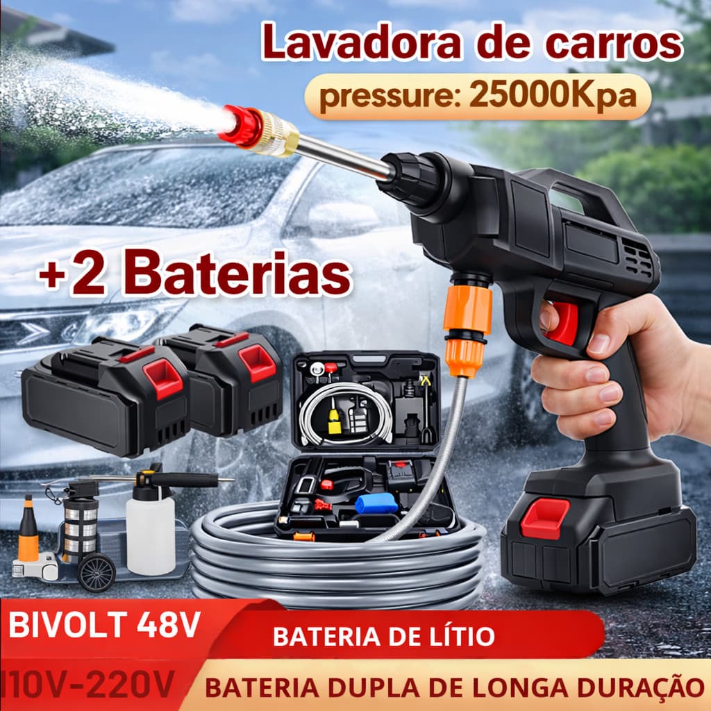 Lavadora de Alta Pressão - Kit Completo com Maleta e 2 Bateria Recarregável para Carros e Uso Doméstico