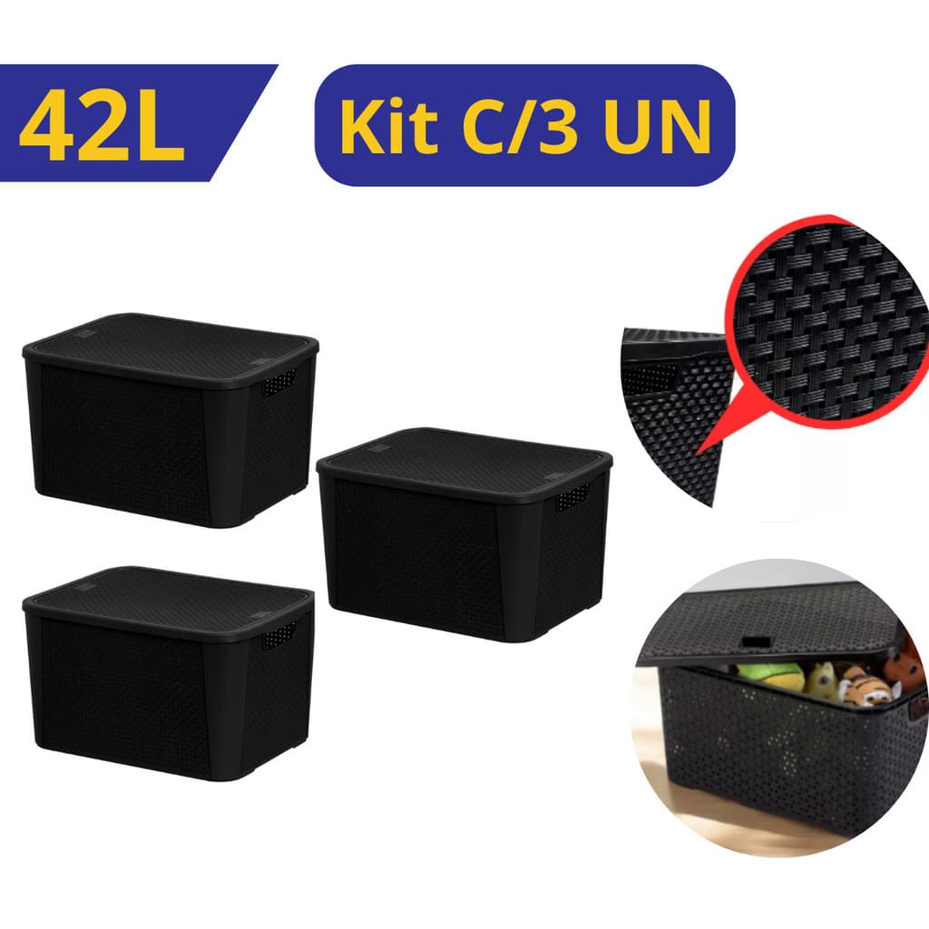 Kit 3 UN Caixa Organizadora 42 Litros Rattan Preta Grande Multiuso Com Tampa Plástico Quarto Cozinha