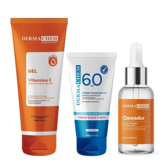 Kit Serum Clareador Protetor Facial Gel Anti-Idade Vitamina C Hidrata Clareamento Firmeza