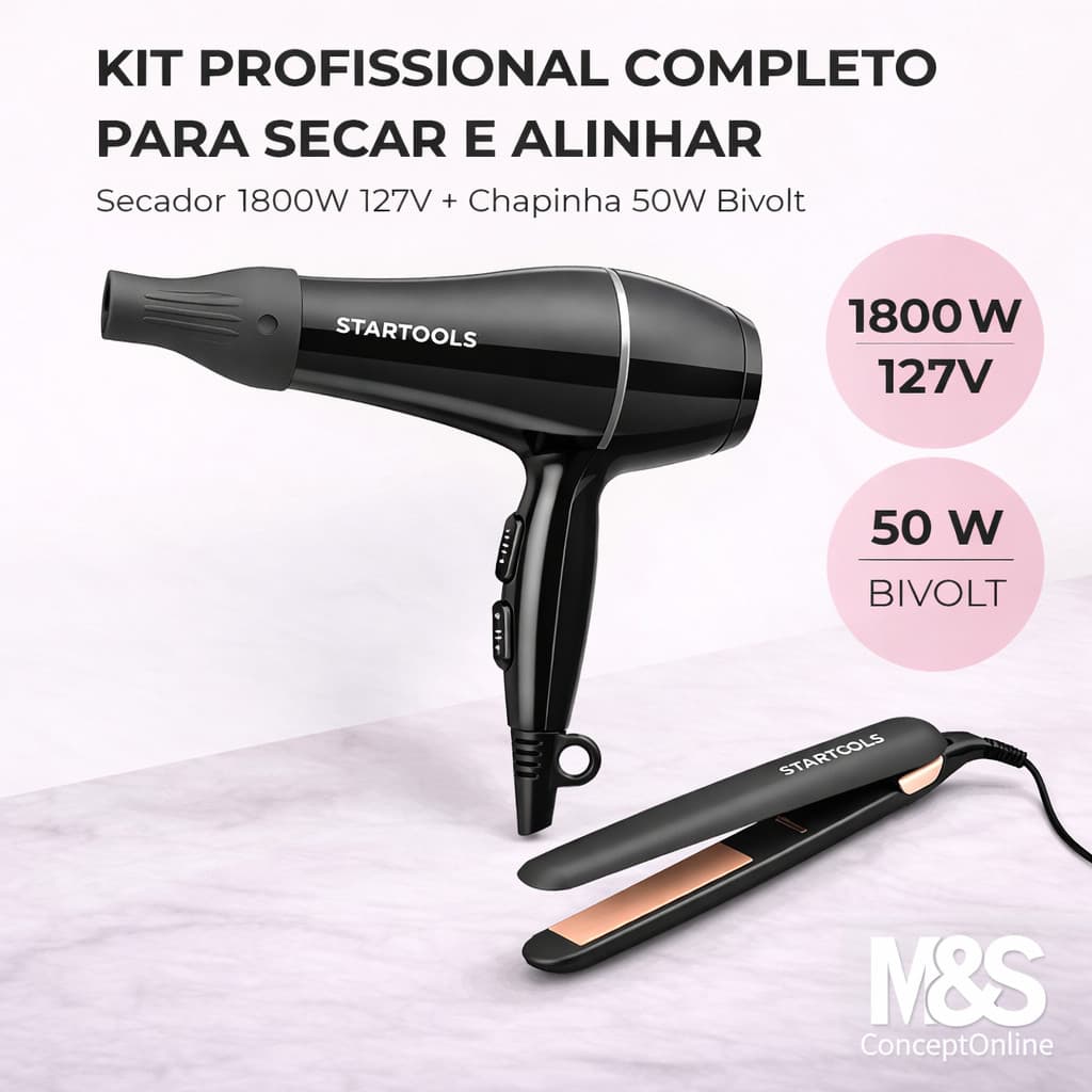 Kit Secador Cabelo 1800W 127V + Chapinha Bivolt 50W Profissional Prancha Alisadora