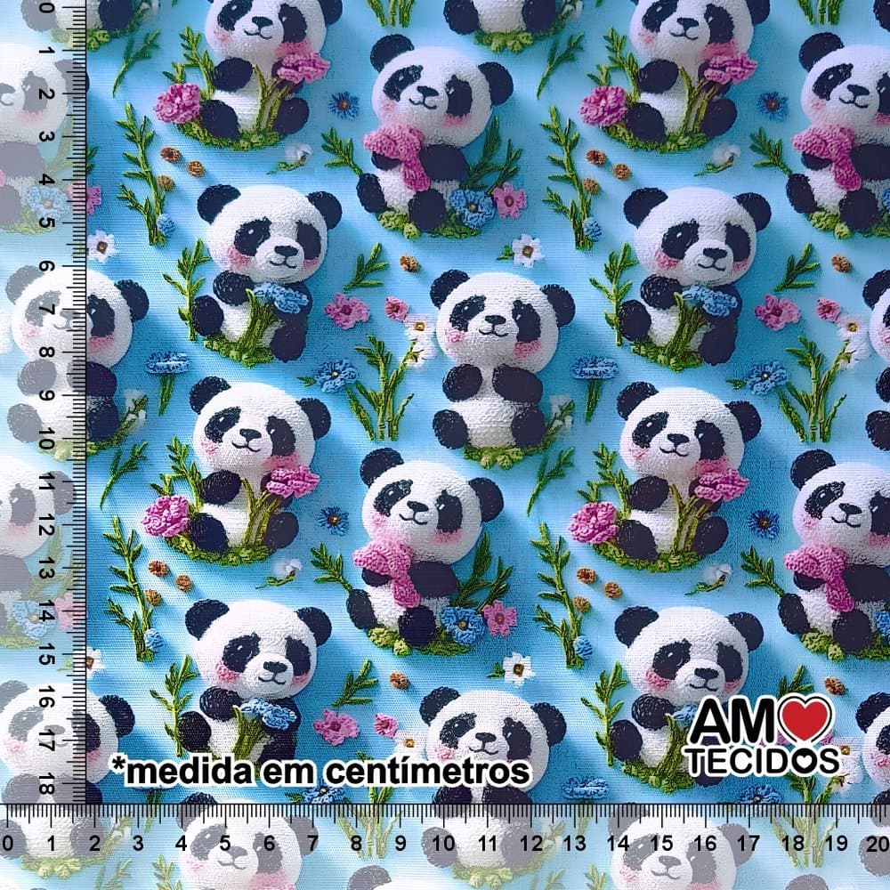 Tecido Tricoline 100% Algodão Panda e Flores 50x150cm Tecido Infantil Patchwork Artesanato