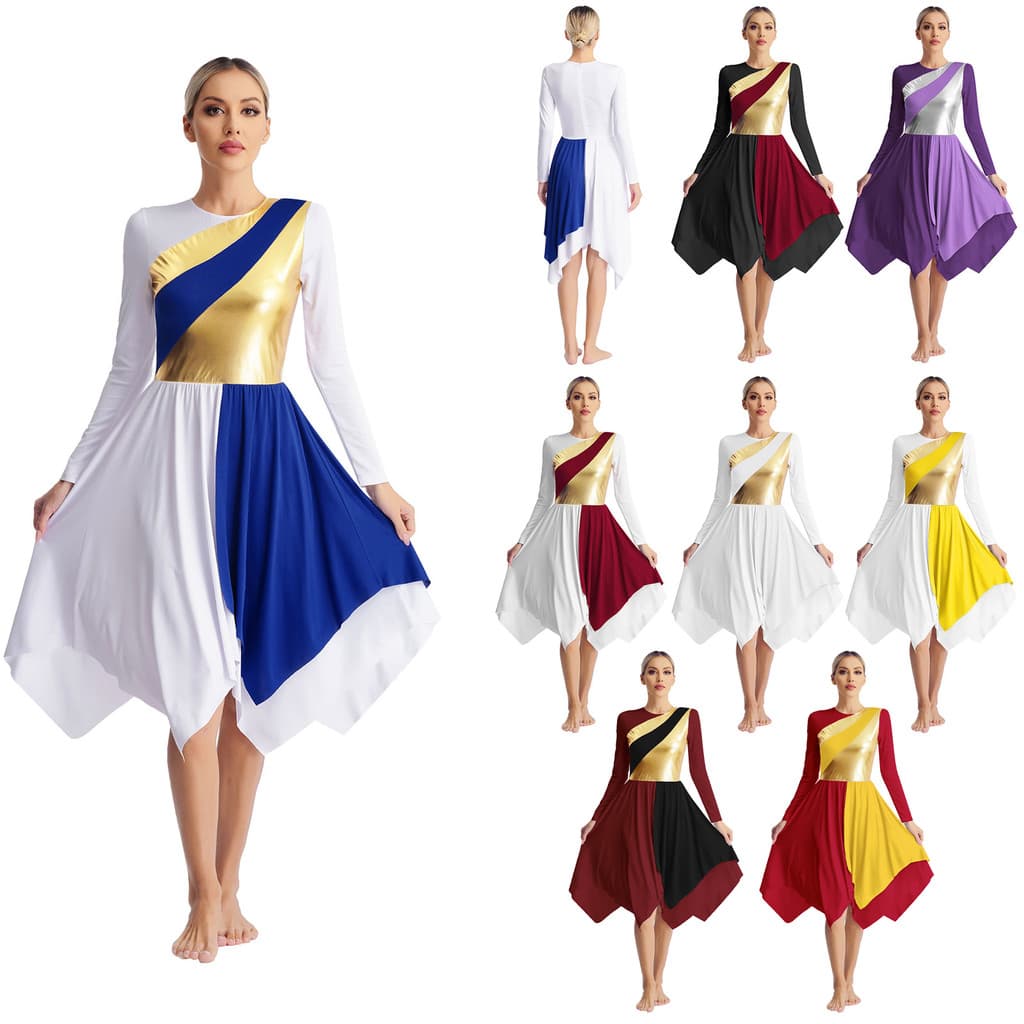 inhzoy Vestido Feminino De Dança Lírica , Manga Comprida , Metálico , Contraste , Cor , Vestidos Assimétricos , Adoração
