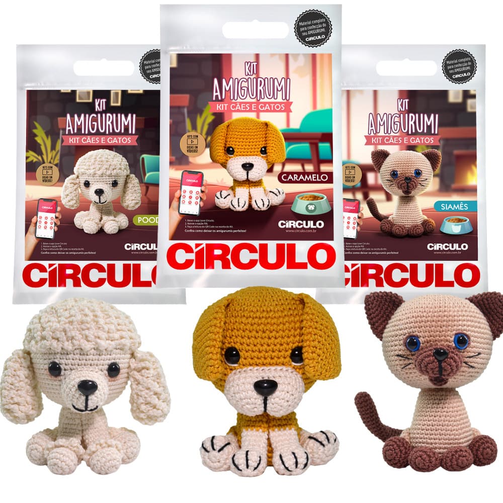 Kit Amigurumi Círculo Cães e Gatos Crochê Completo Iniciante