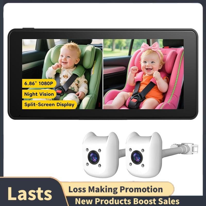 Câmera Dupla Para Carro De Bebê-Monitor De Tela Dividida De 6.86 Polegadas 1080P No Banco Traseiro Do , Fácil Instalação