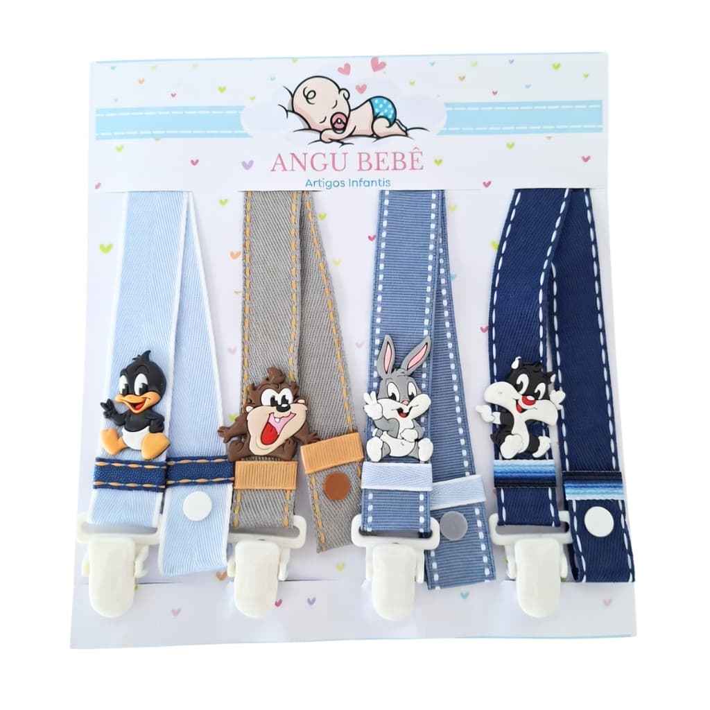 Prendedor de Chupeta Kit Com 4 Menino Bico Bebe ColeçãoTurminha Acessório Enxoval infantil Angu Bebê