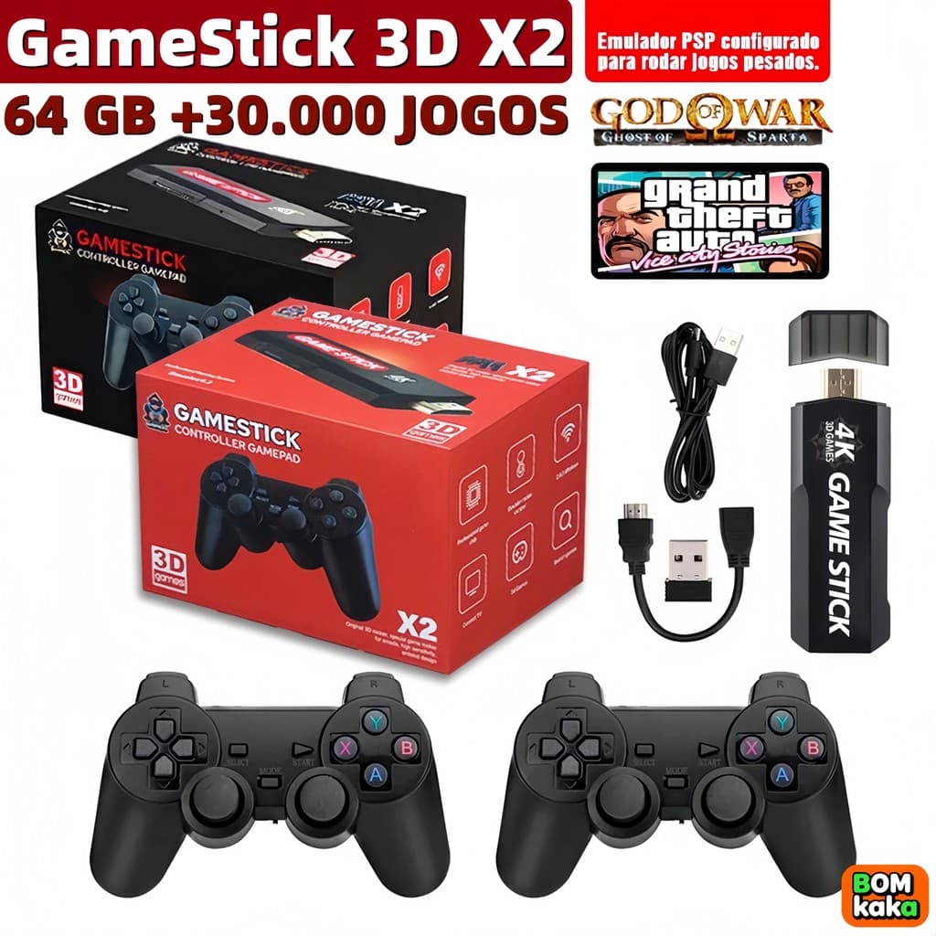 Video Game Stick  4K 2-Console 64GB – 37.000 Jogos + 2 Controles | Entrega Imediata | Retrô PSP