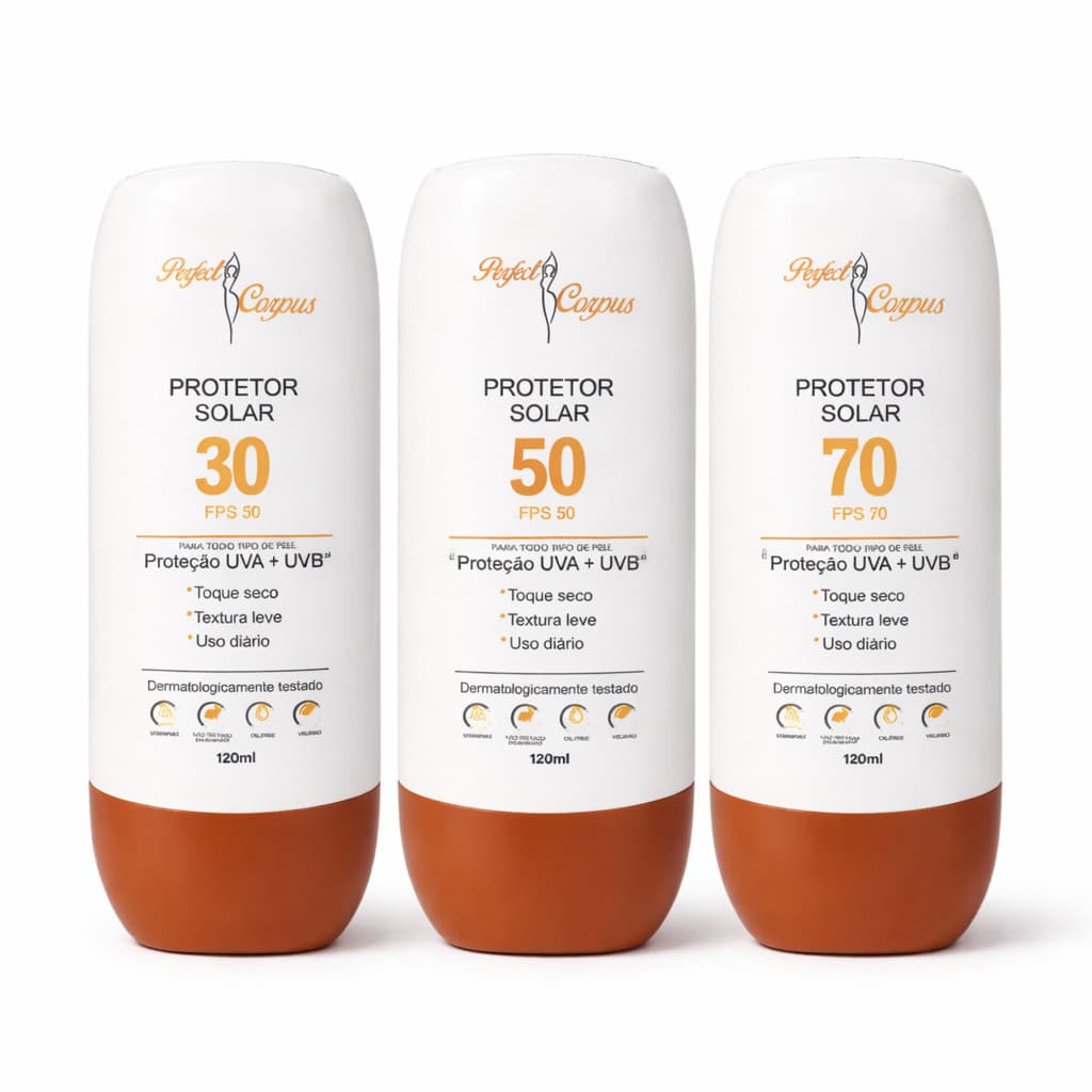 Protetor Solar FPS 30 50 e 70 Proteção UV + UVB Perfect Corpus 120ml