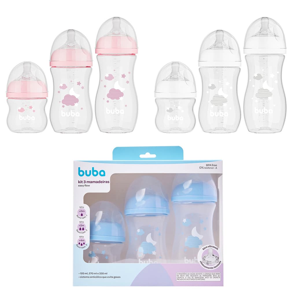 Kit 3 Mamadeiras Nuvem Easy Flow Anticólica 120 270 330 ML Buba