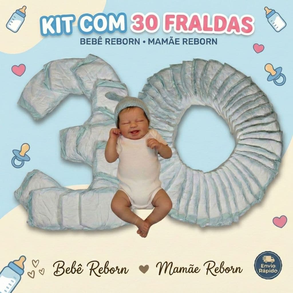Kit 30 Fraldas Descartáveis Boneca Bebê Mamãe Reborn - Veste de 45 a 55cm!