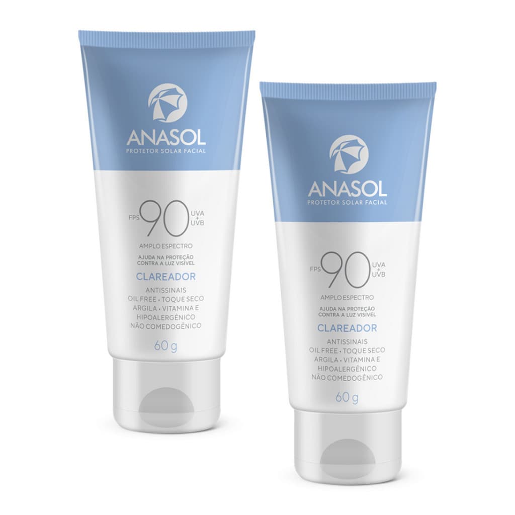 Kit Anasol Protetor Facial Clareador Fps 90  60 gr Toque Seco com 2 unidades Vegano
